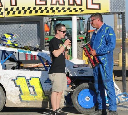 Zach Forster being interviewed by JJ Cox after Forster's mod lite victory Sunday at the Lemoore Raceway.